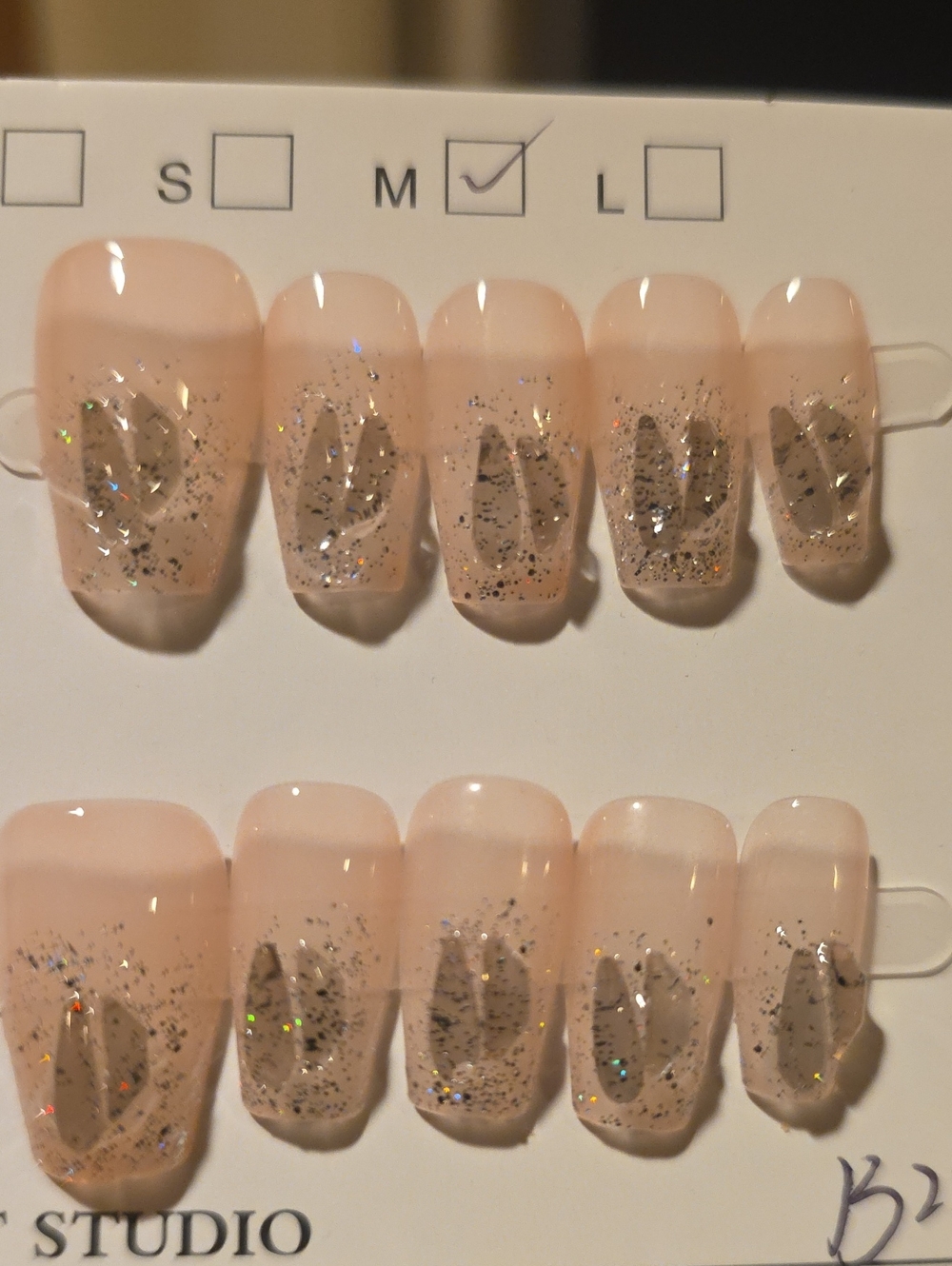 Nude Glitter Leaf Press-On Nails - Elegant French Tip Set Size Med